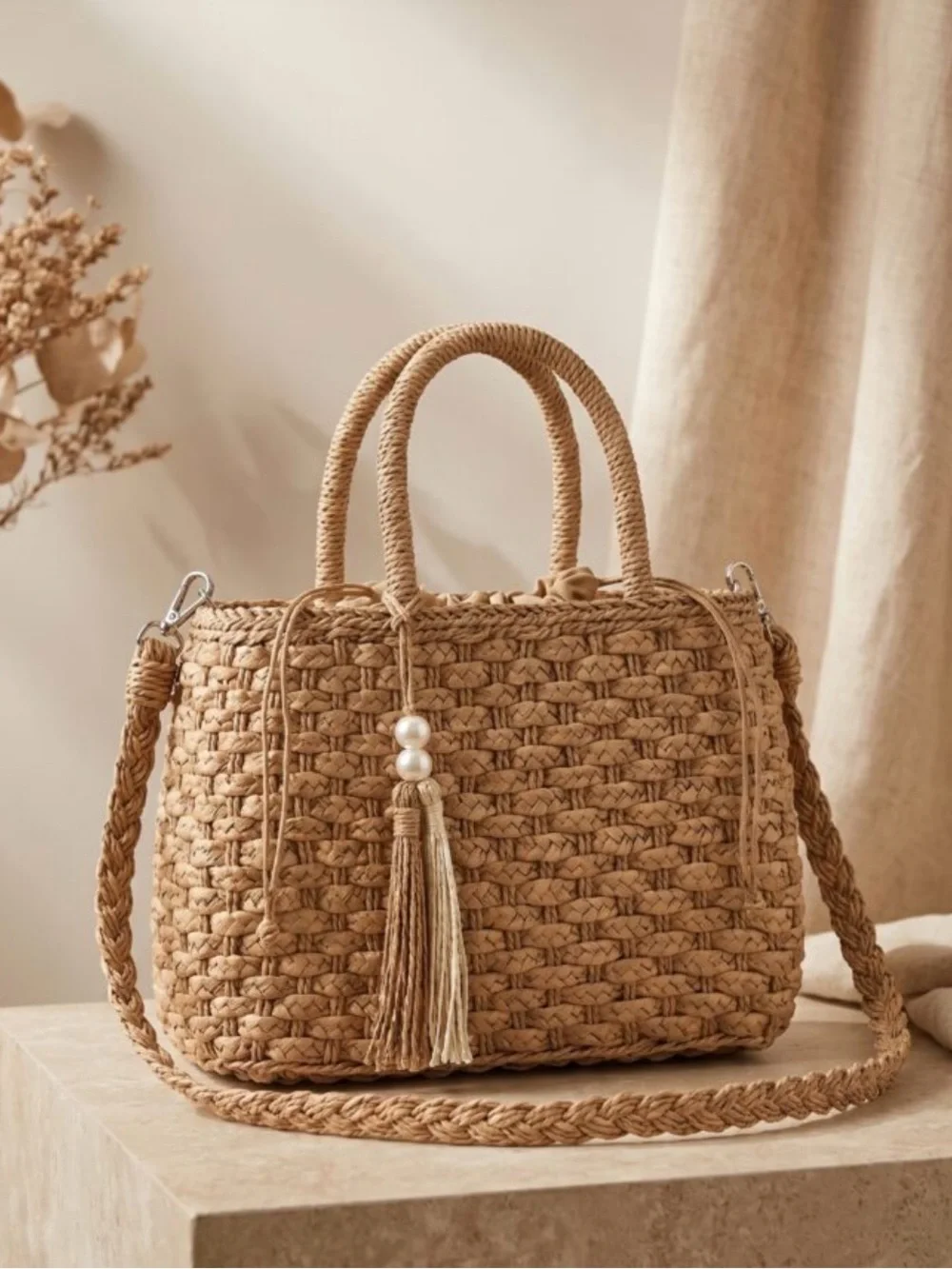 Handwoven Straw Tote Bag with Tassel - Natural Beige GBZ modern Bohemian